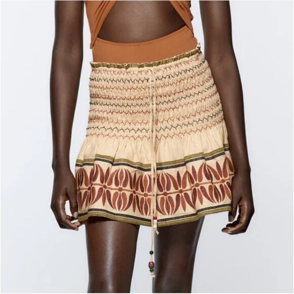 NEW Zara Boho Linen-Blend Embroidered Smocked Ruffle Mini Skort Skirt, Size XS - Picture 9 of 16